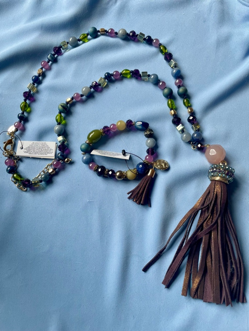 Chico's Multicolor Beaded Tassel Necklace and Bracelet Set with Brown Tassel